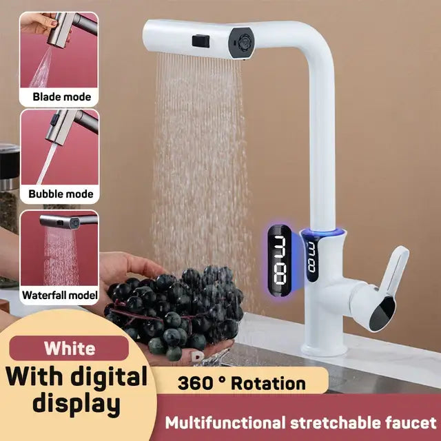 Modern matte black digital display waterfall kitchen sink faucet with decorbites digital display and 360° rotation