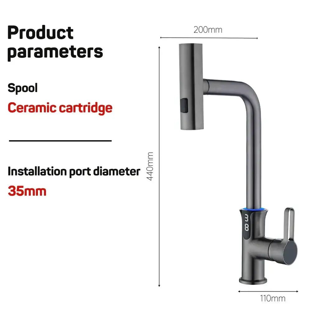 Modern matte black digital display waterfall kitchen sink faucet with sleek curved spout and single lever handle decorbites digital display