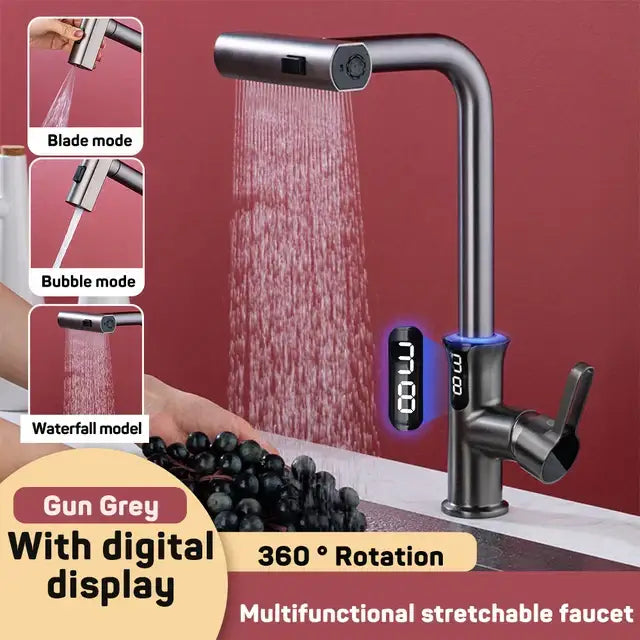Modern gun grey multifunctional stretchable faucet with decorbites digital display and digital display waterfall modes