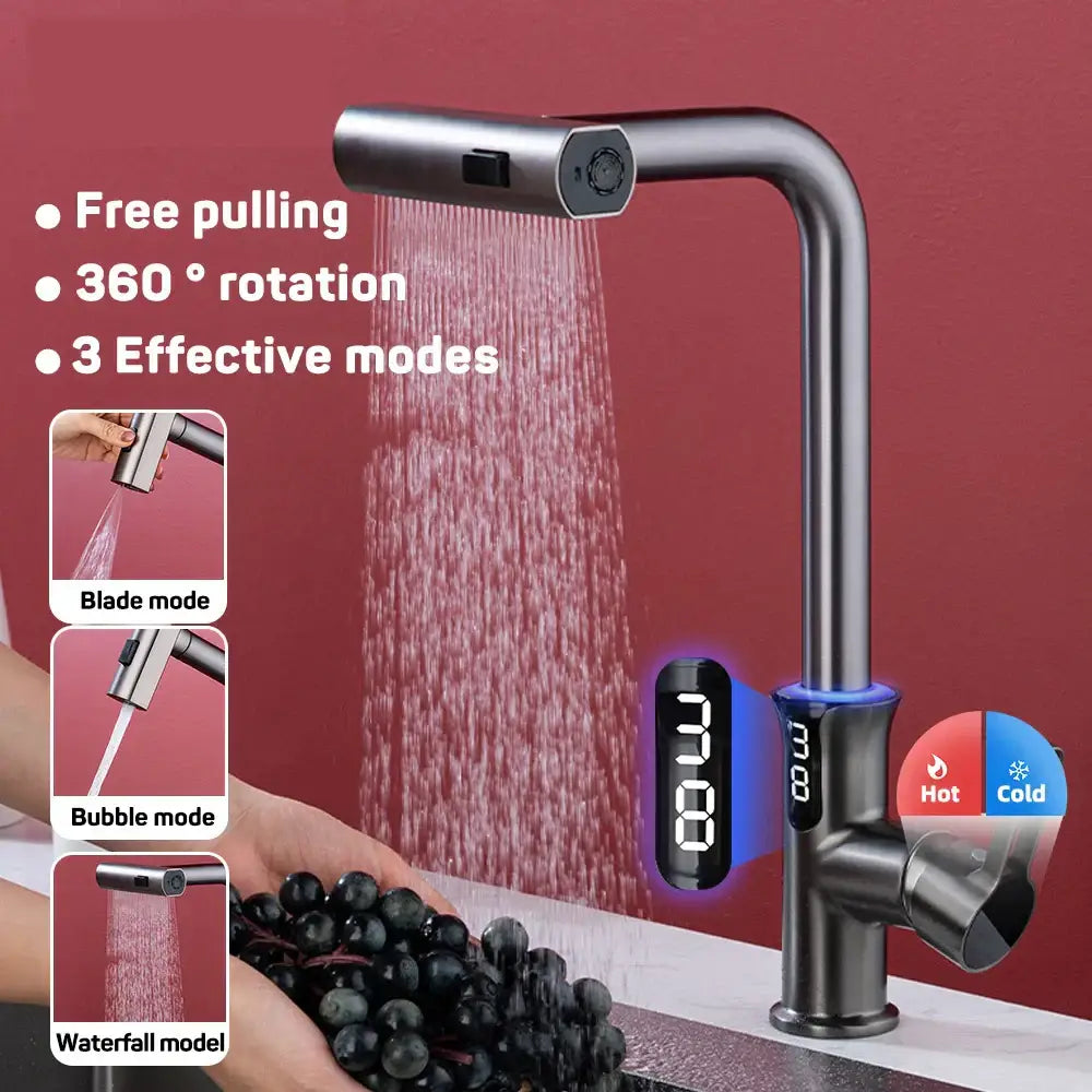 Modern matte black digital display waterfall kitchen sink faucet with sleek curved design and decorbites digital display temperature settings