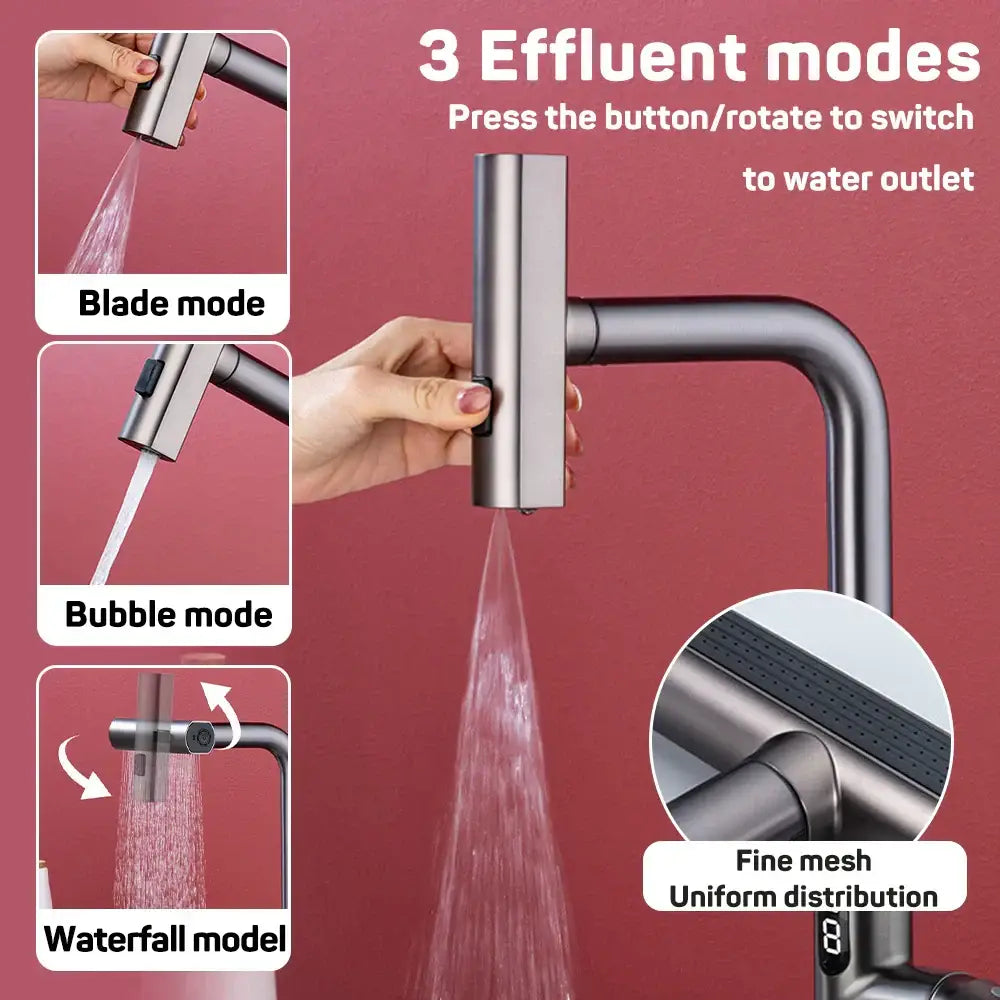 Modern matte black digital display waterfall kitchen sink faucet with three effluent modes blade bubble and waterfall design