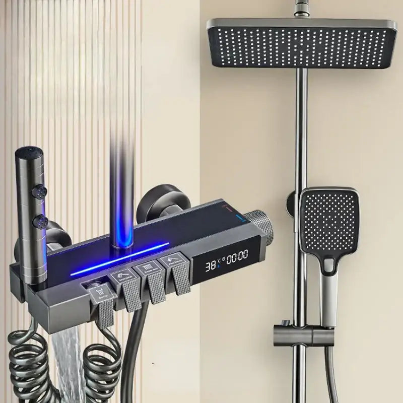 Modern matte black digital led shower faucet set with chrome accents and 36°c display for bathroom use