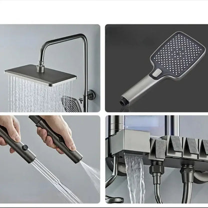 Modern matte black digital led shower faucet set with brushed nickel square rainhead handheld spray and multi-function control panel