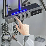 Modern matte black shower faucet set with digital display and blue led lighting for bathroom use