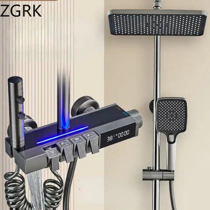 Modern matte black digital led shower faucet set with multiple spray heads and digital display for bathroom use
