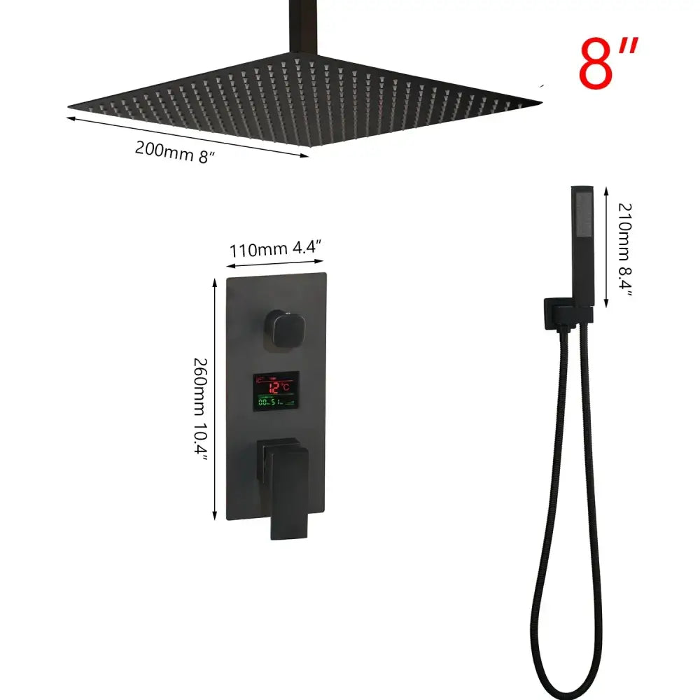 Modern matte black digital shower faucet with black matte square rain shower head and decorbites black digital display