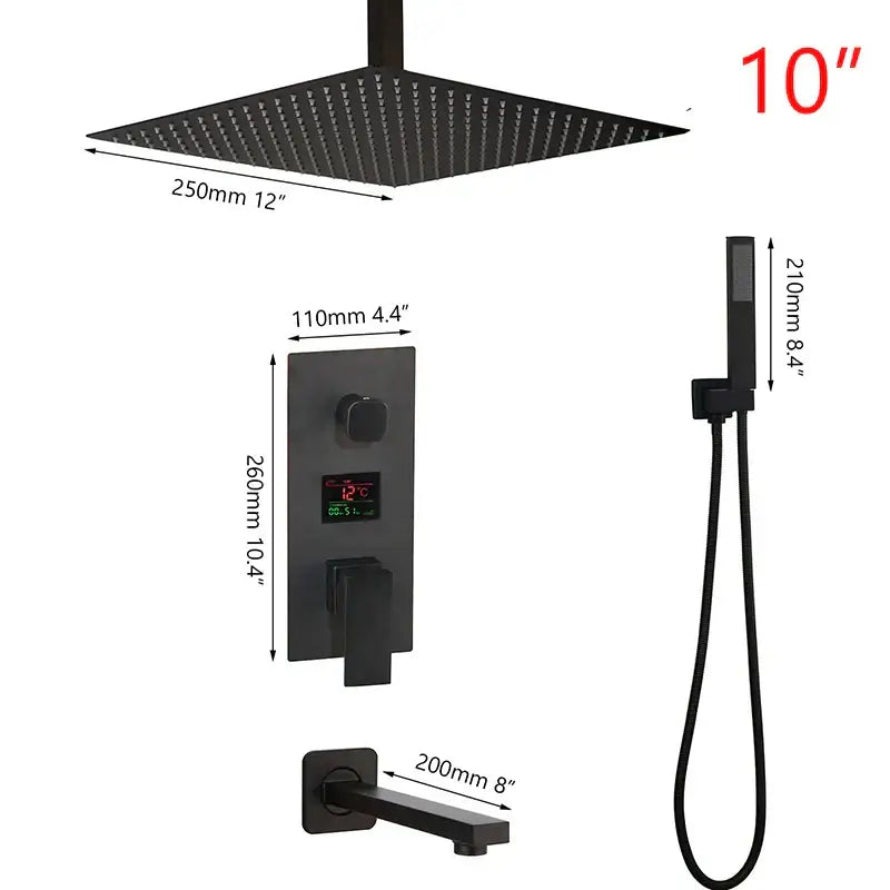 Modern matte black digital shower faucet with rainfall system featuring black matte-finished square rain shower head and temperature display