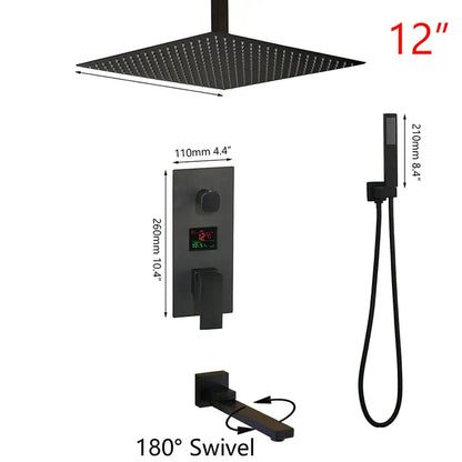 Modern matte black digital shower faucet rainfall system with 12-inch black matte showerhead and handheld control panel decorbites black digital