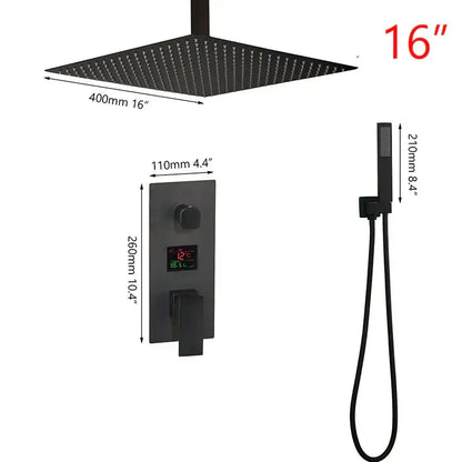 Modern matte black digital shower faucet with black matte 16-inch square rain shower head and handheld attachment decorbites black digital