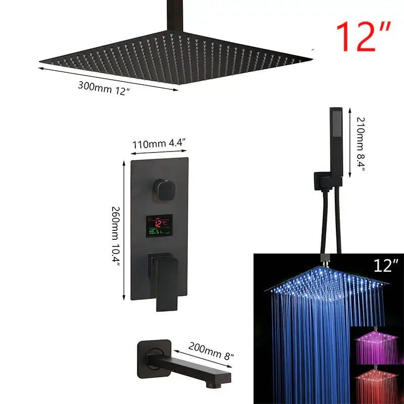 Modern matte black digital shower faucet with 12-inch square black matte rain shower head and integrated led lighting