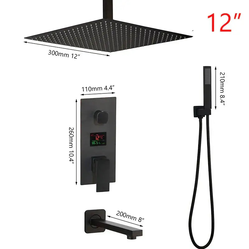 Modern matte black digital shower faucet with 12-inch rain shower head and handheld in black matte finish decorbites black digital