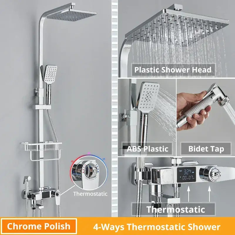 Chrome polish 4-ways thermostatic shower faucet set with square rain shower head handheld spray and bidet tap