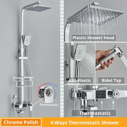 Chrome polish 4-ways thermostatic shower faucet set with square rain shower head handheld spray and bidet tap
