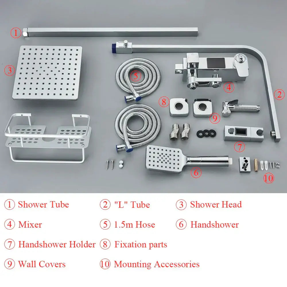 Chrome finished modern shower faucet set with sleek l-shaped tub spout square rain shower head and handshower