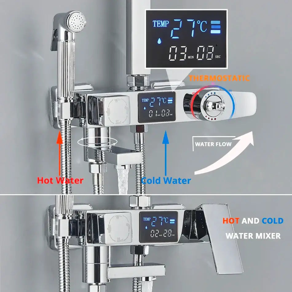 Modern chrome-finished shower faucet set with digital temperature display and hot cold water mixer for bathroom use
