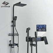 Modern matte black digital shower faucet set with black matte finish and digital temperature display handheld spray head
