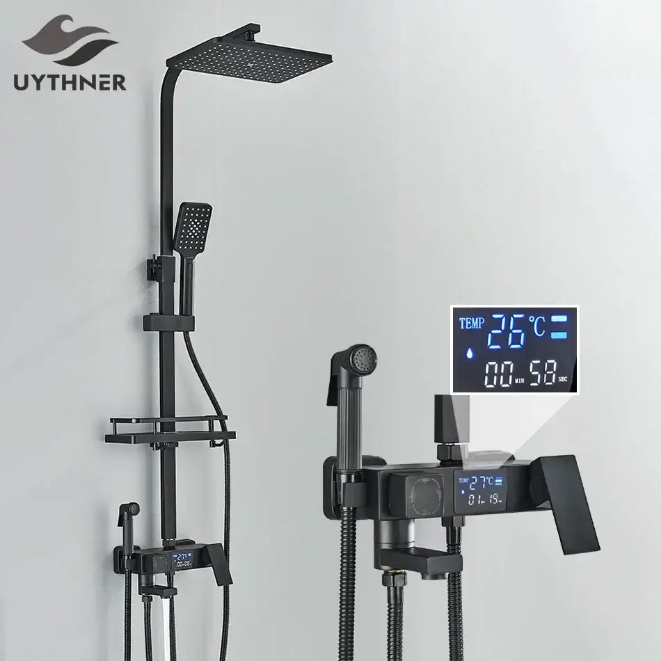 Modern matte black digital shower faucet set with black matte finish and digital temperature display handheld spray head