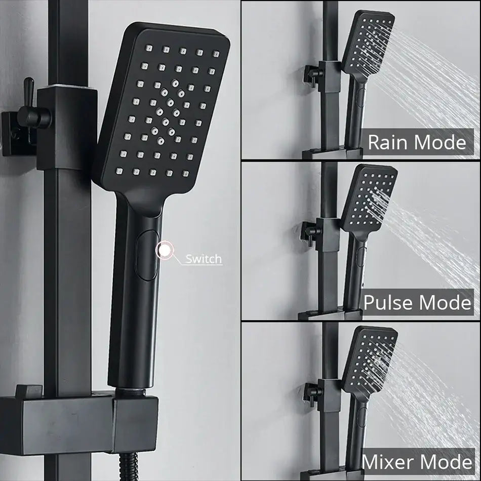 Modern matte black digital shower faucet set featuring a black matte square showerhead with multiple spray nozzles and mode switch