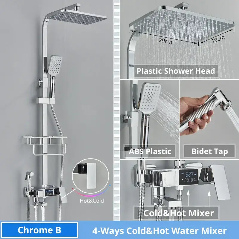 Modern matte black digital shower faucet set with chrome square rainhead handheld spray and digital mixer controls
