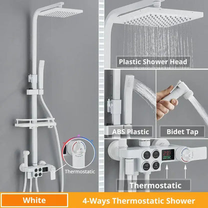 White 4-ways thermostatic shower faucet set with abs plastic components and digital display for modern bathrooms