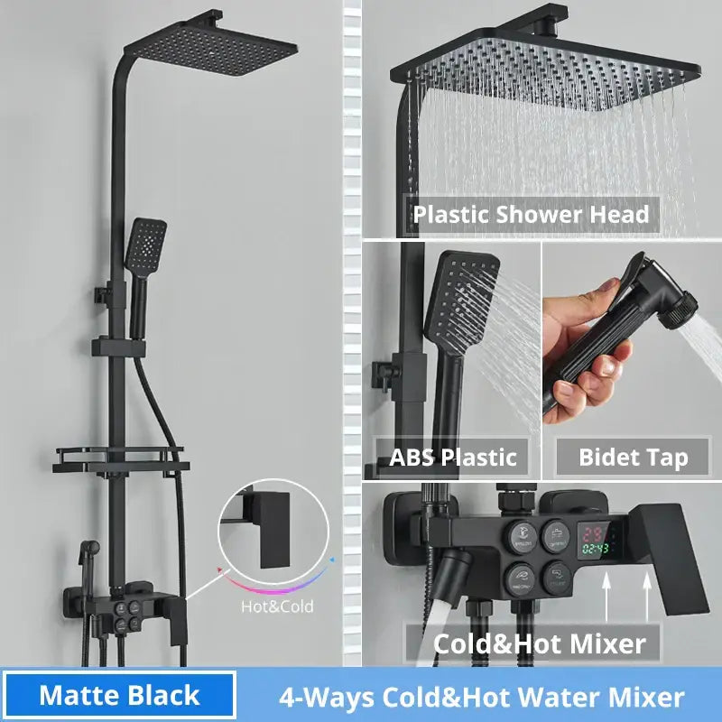 Modern matte black digital shower faucet set with square rainhead handheld spray and digital temperature control mixer