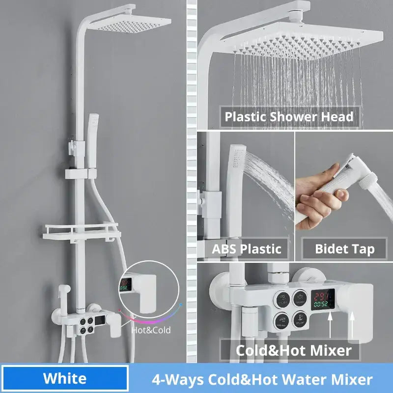 Modern white abs plastic shower faucet set with square rainhead handheld bidet and digital temperature control mixer