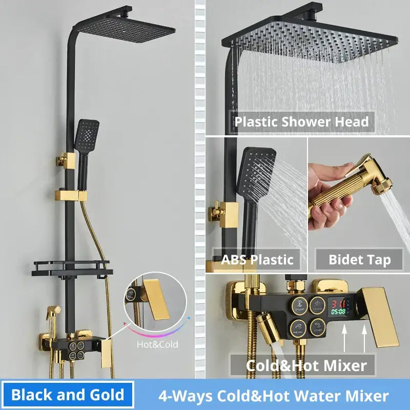 Modern matte black digital shower faucet set with gold square rainhead handheld spray and bidet tap for bathroom use