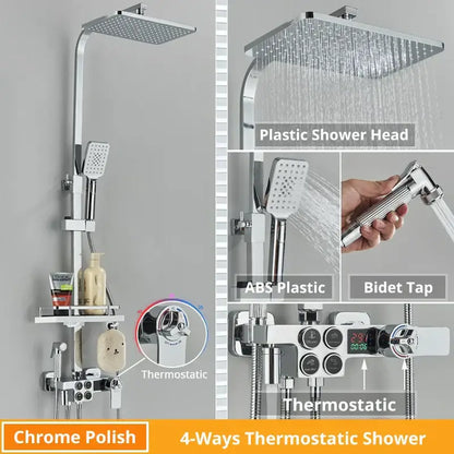 Chrome-polished square rain shower head with integrated hand-held spray in modern matte black shower faucet set