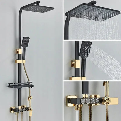Modern matte black and gold shower faucet set with square rainhead handheld shower and digital control panel