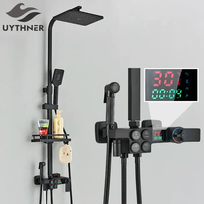 Modern matte black digital shower faucet set with multiple spray heads and digital display for a rain system bathroom