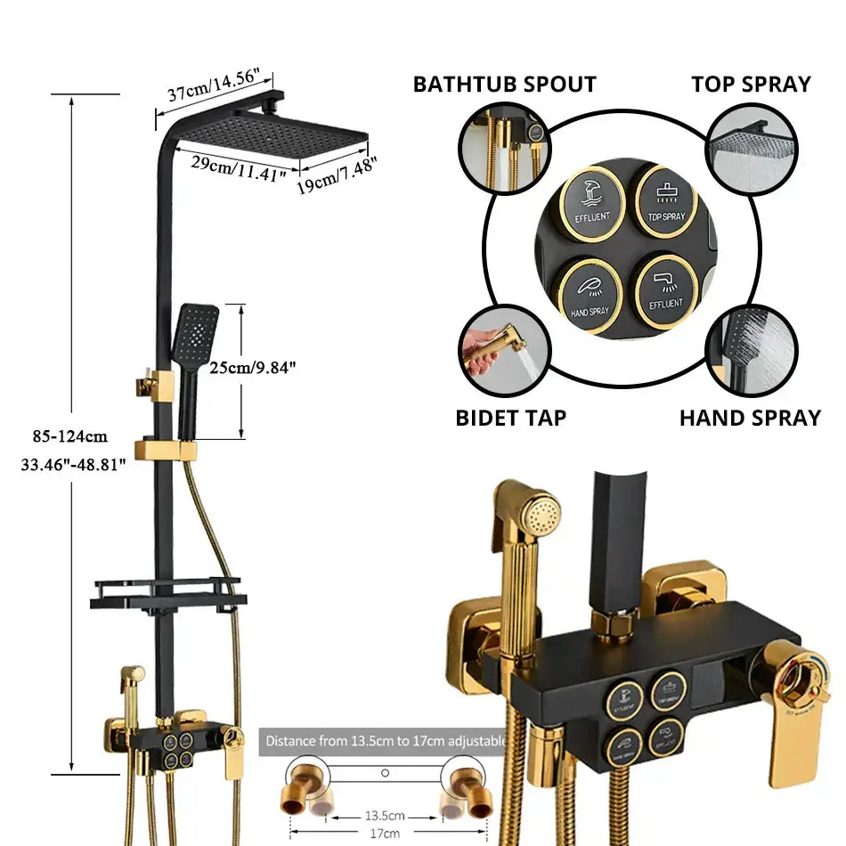 Modern matte black digital shower faucet set with large rainhead handheld shower bidet tap and four-button control panel