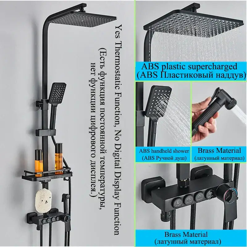 Modern matte black abs plastic and brass shower faucet set with large square rainhead handheld shower and digital control panel