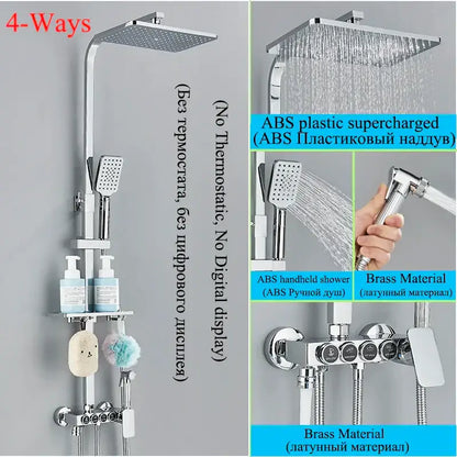 Modern matte black shower faucet set with chrome-finished square rainhead handheld spray and brass mixing valve