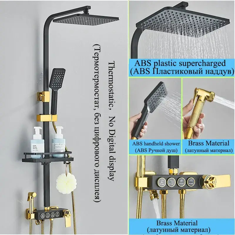 Modern matte black shower faucet set with gold brass mixing valve, square rainhead, and handheld rainfall system