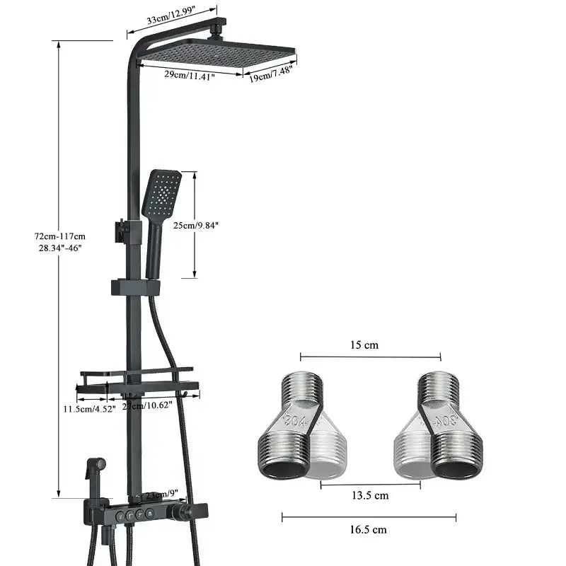 Modern matte black digital shower faucet set with square rainhead handheld spray and chrome threaded connectors