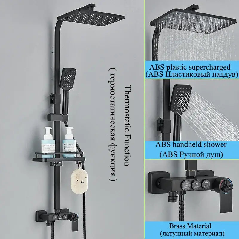 Modern matte black abs plastic and brass shower faucet set with square rainhead handheld shower and integrated shelf