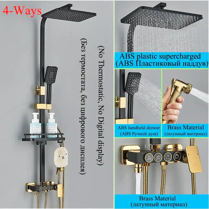 Modern matte black digital shower faucet set with black and gold square rainhead, handheld spray, and brass mixing valve