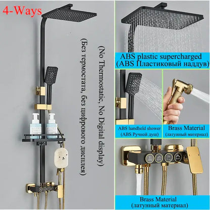 Modern matte black digital shower faucet set with black and gold square rainhead, handheld spray, and brass mixing valve
