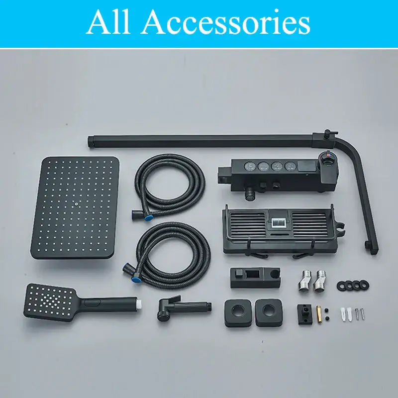 Modern matte black shower faucet set with square rainhead handheld spray and flexible hoses for bathroom rainfall system