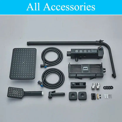 Modern matte black shower faucet set with square rainhead handheld spray and flexible hoses for bathroom rainfall system