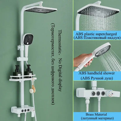 Modern matte black shower faucet set with white ABS plastic rainhead handheld shower and brass valve assembly