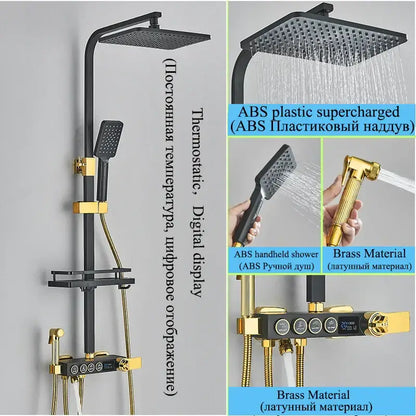 Modern matte black digital shower faucet set featuring black and gold thermostatic control with rainhead and handheld brass faucet set