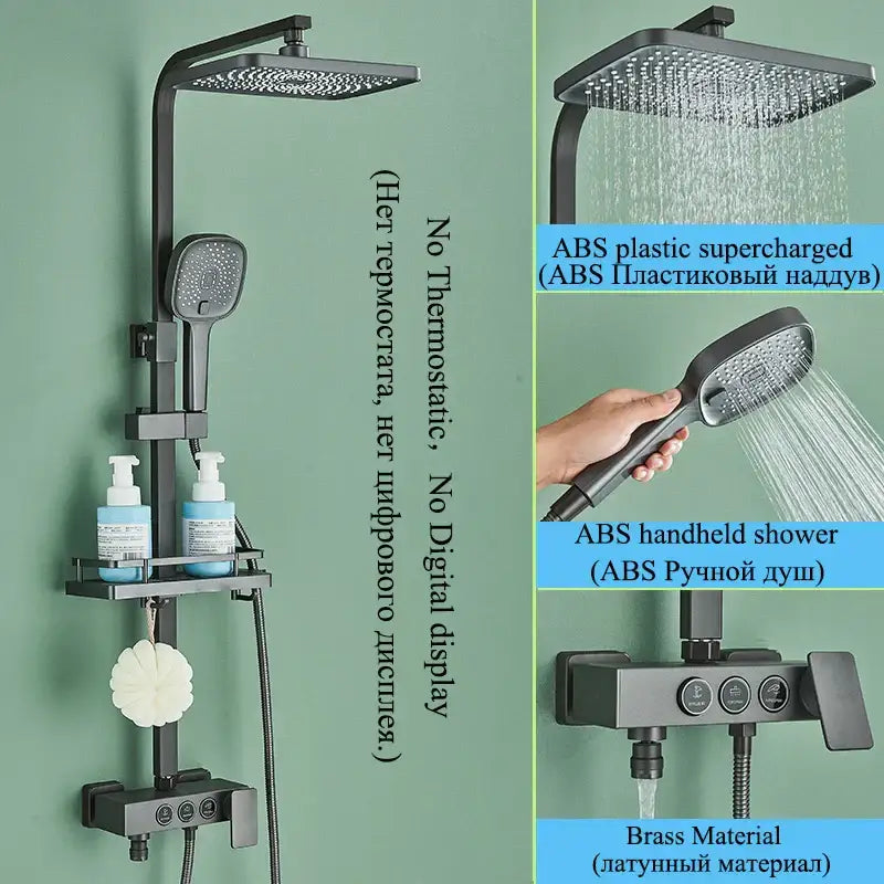 Modern matte black abs plastic shower faucet set with square rainhead, handheld shower, and brass control valve