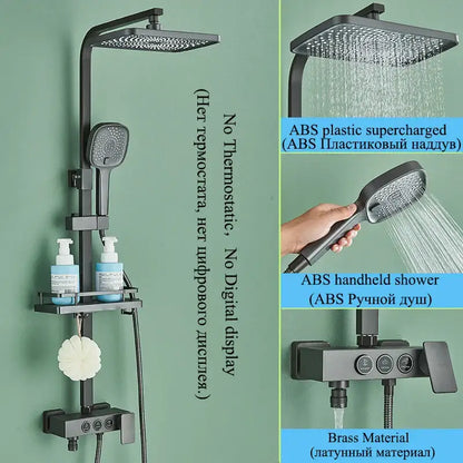 Modern matte black abs plastic shower faucet set with square rainhead, handheld shower, and brass control valve