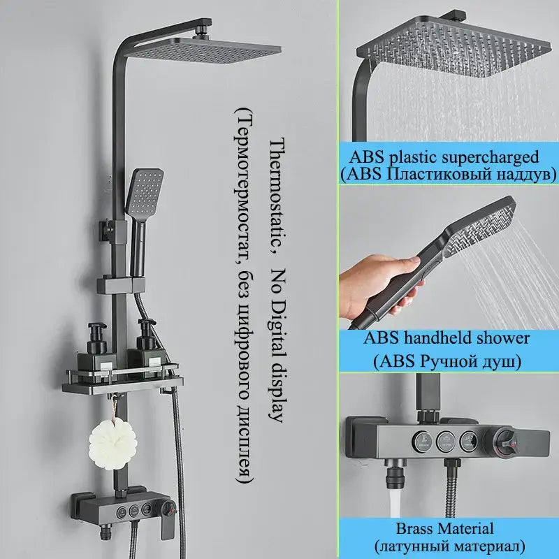 Modern matte black digital shower faucet set with abs plastic, square rainhead, handheld shower, and brass mixing valve
