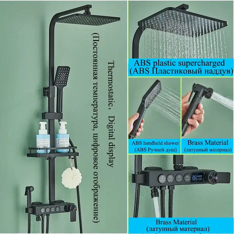 Modern matte black shower faucet set with abs plastic and brass, large square rainhead, handheld shower, and digital control panel