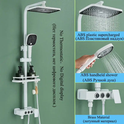 Modern matte black shower faucet set with white ABS plastic system, square rainhead, handheld shower, and brass valve control