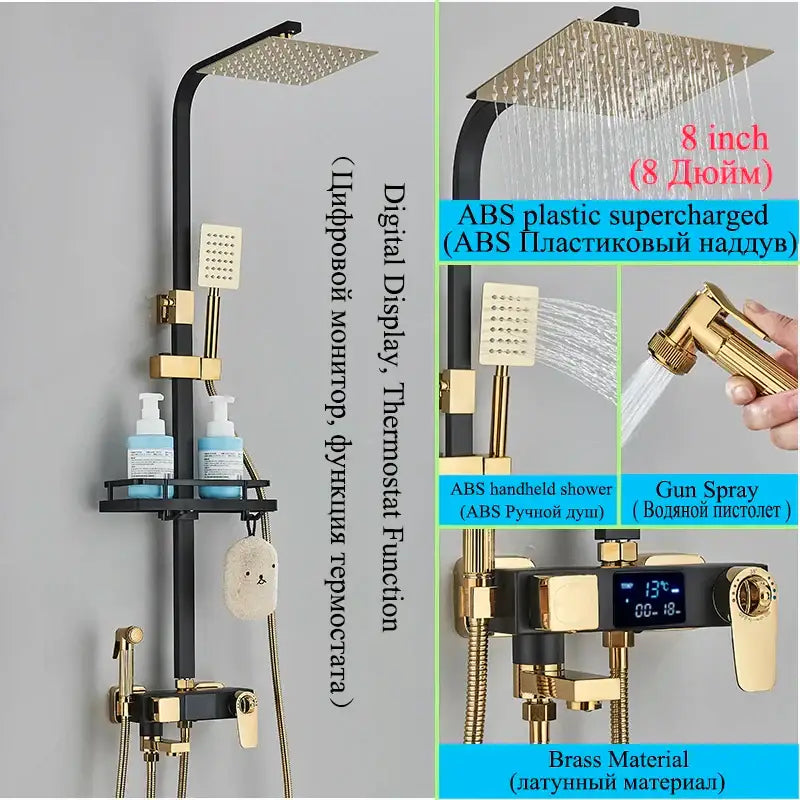 Gold-finished brass shower faucet set with square rainhead, handheld spray, and digital display for modern bathrooms
