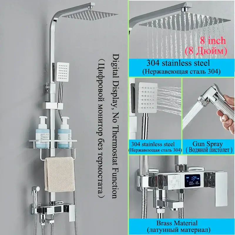 Modern chrome-finished shower faucet set with square rainhead handheld spray and digital display for bathroom use