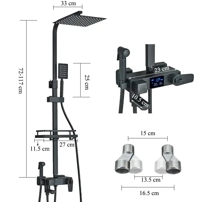 Modern matte black digital shower faucet set with bidet featuring a square rainhead handheld spray and temperature display
